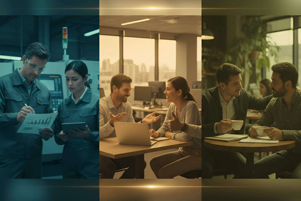 Três cenas de feedback: direto e técnico na Alemanha, em formato de sanduíche nos EUA, e relacional e privado no Brasil.