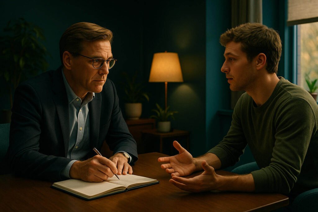 Cena de uma reunião 1:1 focada, onde um líder pratica a escuta ativa para entender as aspirações de carreira de seu liderado.