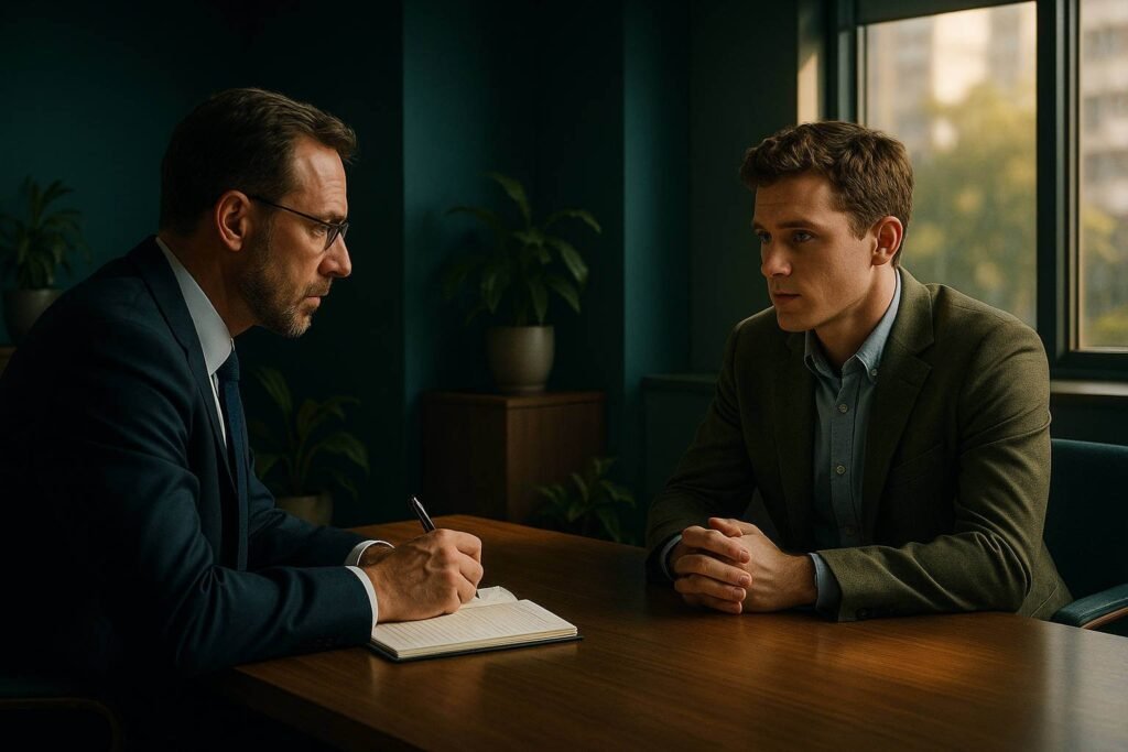 Cena de uma entrevista de emprego intensa e focada, onde o entrevistador busca evidências de comportamento passado.