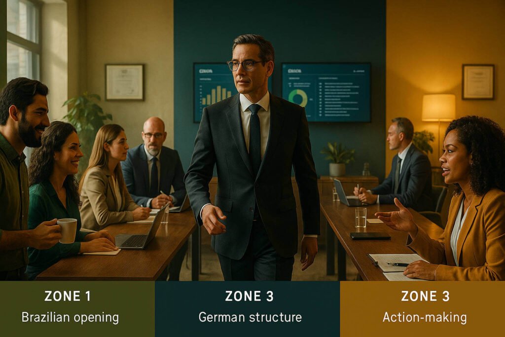 Líder conduzindo uma reunião híbrida que integra os estilos brasileiro (conexão), alemão (estrutura) e americano (ação).