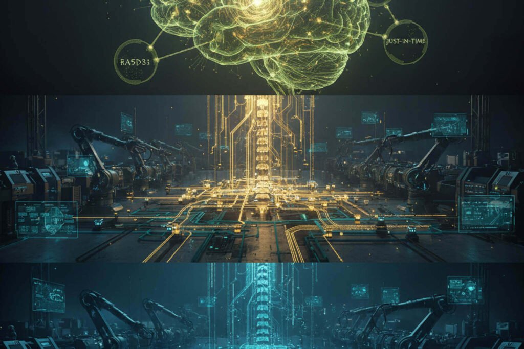 Metáfora visual da sinergia entre o cérebro Lean e o sistema nervoso da Indústria 4.0.