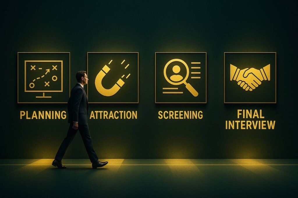 Infográfico mostrando as 4 etapas do recrutamento e seleção: Planejamento, Atração, Triagem e Entrevista Final.