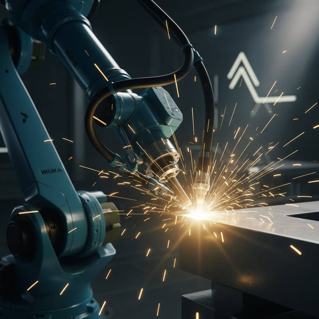 Close-up cinematográfico de um braço robótico industrial de alta precisão realizando uma solda com faíscas douradas.