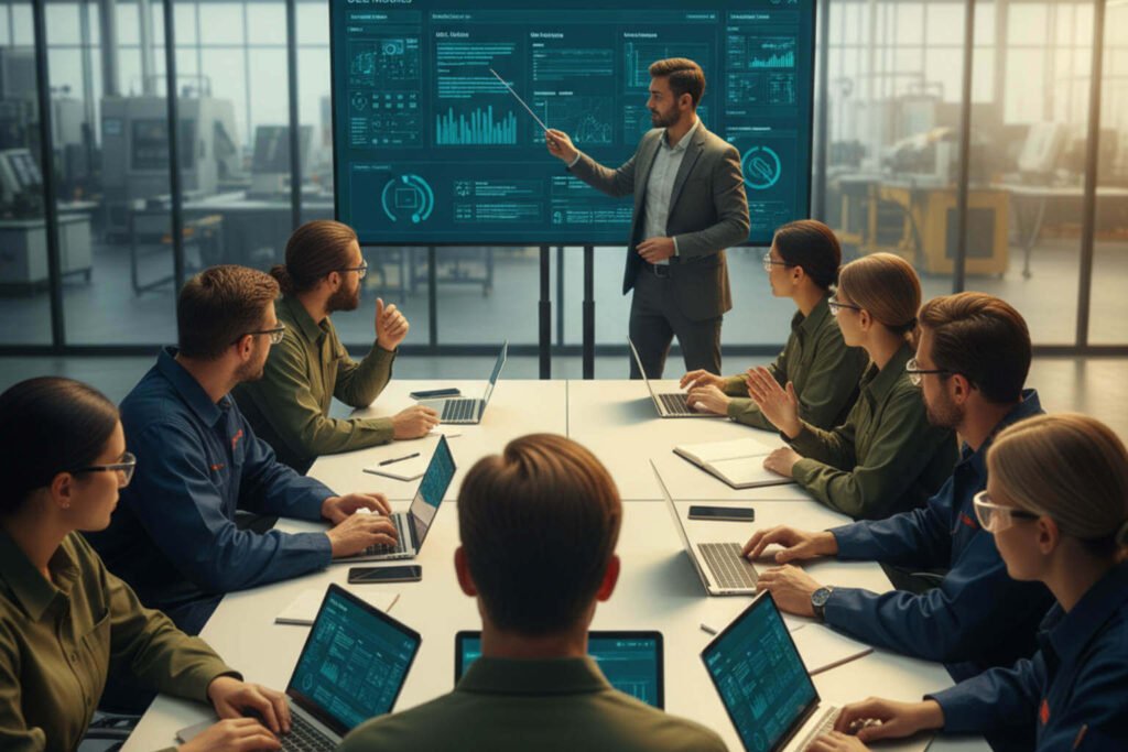 Equipe de chão de fábrica em uma sessão de treinamento, aprendendo a usar dashboards e interpretar dados da Indústria 4.0.