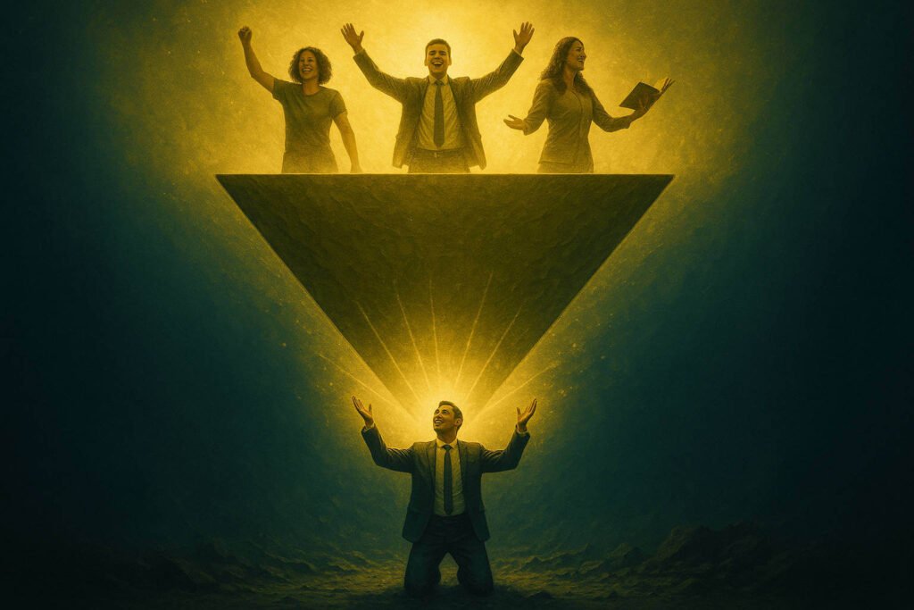 Representação visual da Liderança Servidora com a pirâmide de poder invertida, onde o líder apoia e eleva sua equipe.