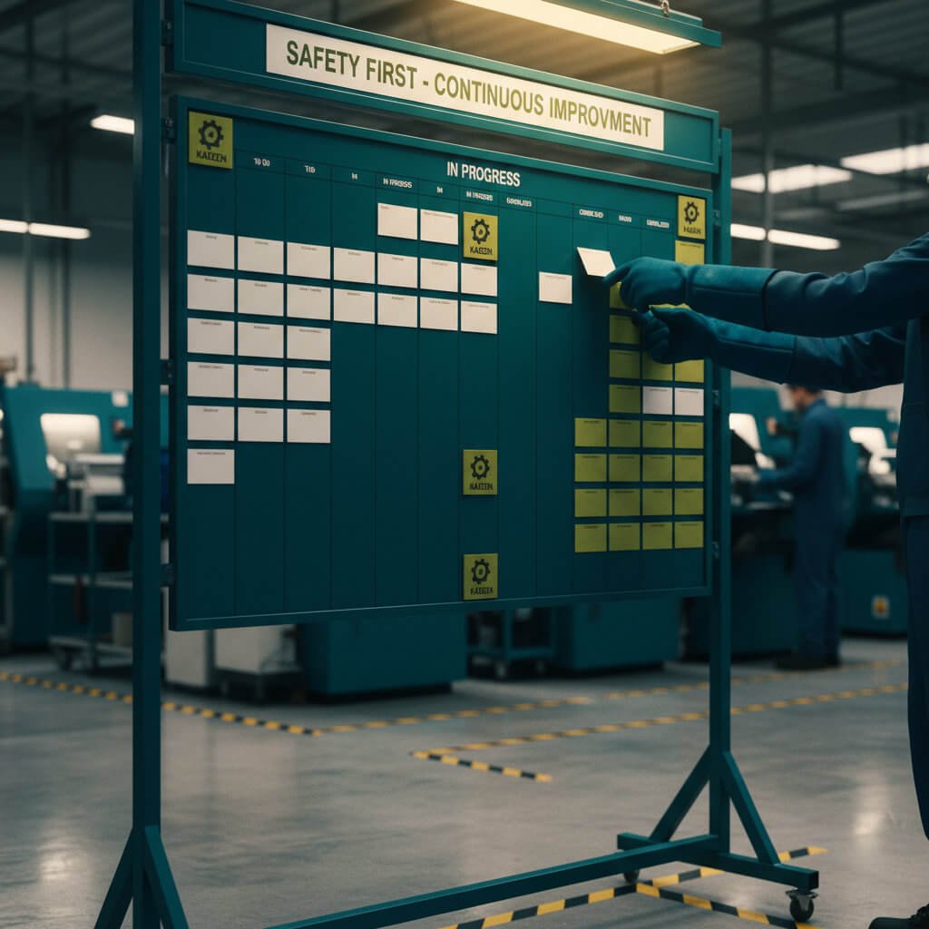 Mãos com luvas movem um cartão em um quadro Kanban de melhoria contínua em um chão de fábrica organizado.
