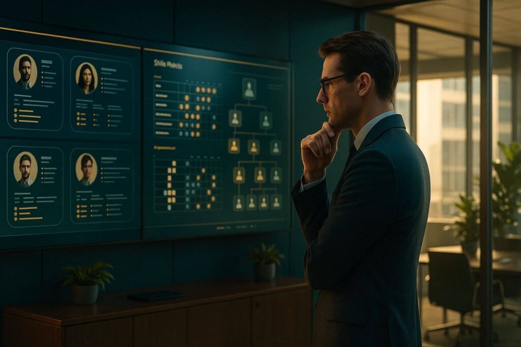Gestor de RH estratégico analisando perfis de talentos em uma sala de controle de alta tecnologia, simbolizando a arquitetura de capital humano.