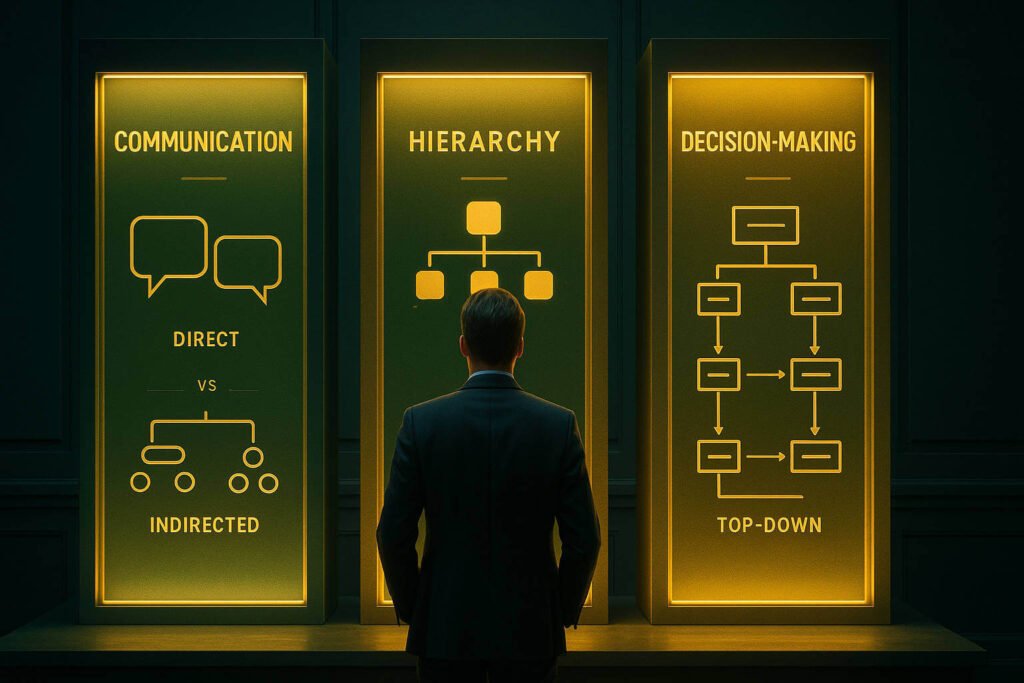 Líder analisando um framework visual com os três eixos da cultura: Comunicação, Hierarquia e Tomada de Decisão.