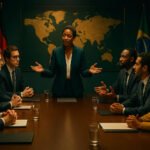 Líder global em uma reunião de liderança multicultural, atuando como um tradutor cultural entre equipes alemãs, americanas e brasileiras.