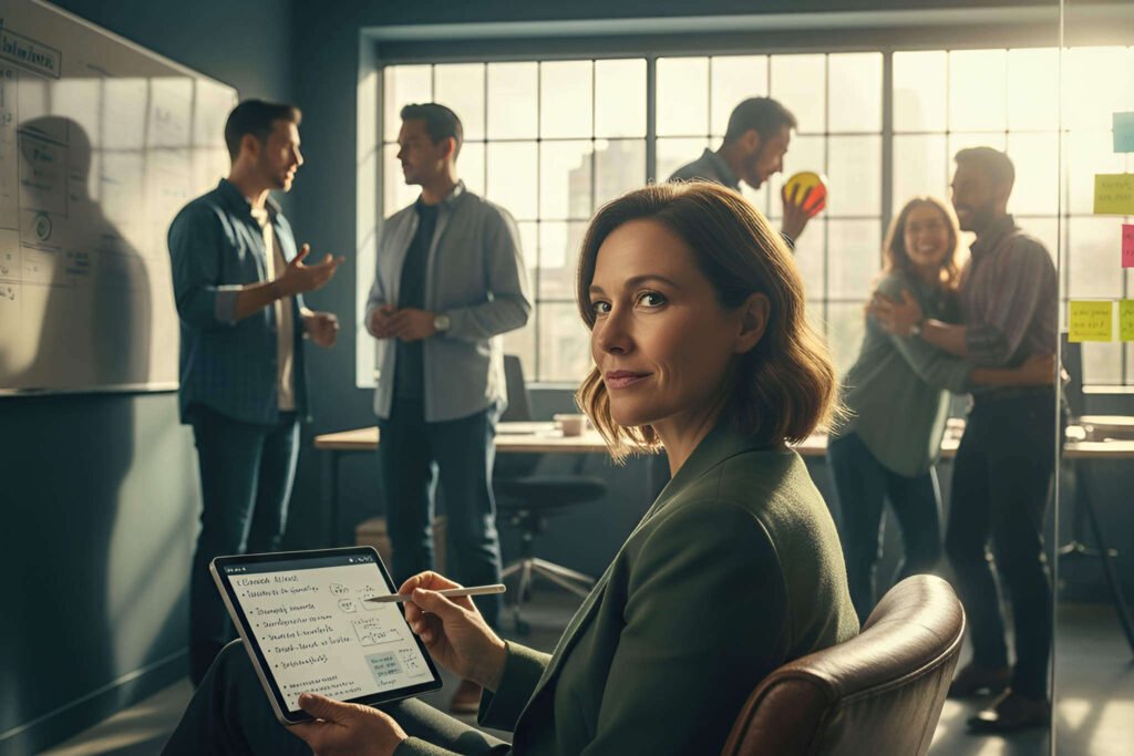 Líder em postura de antropólogo cultural, observando com curiosidade e tomando notas sobre as interações de sua equipe multicultural.