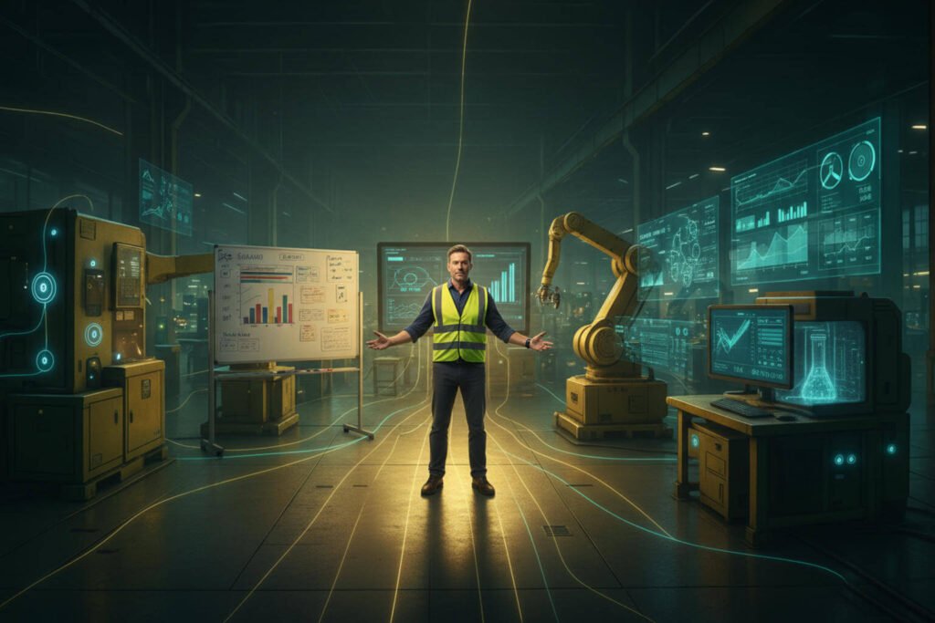 Líder industrial no centro de um chão de fábrica, integrando o mundo analógico do Lean Manufacturing com o universo digital da Indústria 4.0.