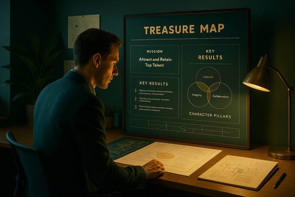 Close-up de um gestor criando um "Mapa do Tesouro" para uma vaga, focando em Missão e Resultados-Chave em vez de tarefas.