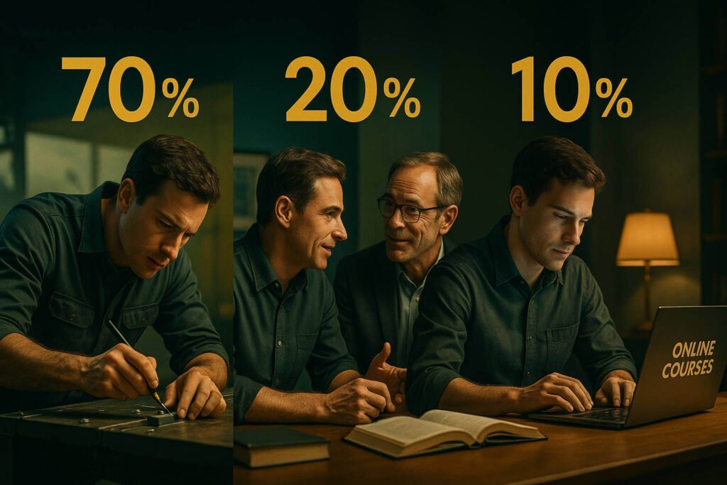 Composição visual do modelo 70-20-10, mostrando um profissional aprendendo através da prática, interação social e educação formal.
