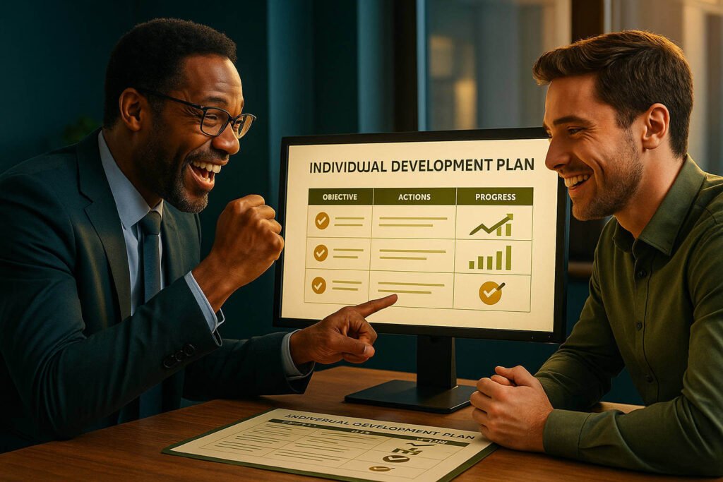Líder e colaborador celebram o progresso de um PDI, olhando para um gráfico de crescimento em uma tela.