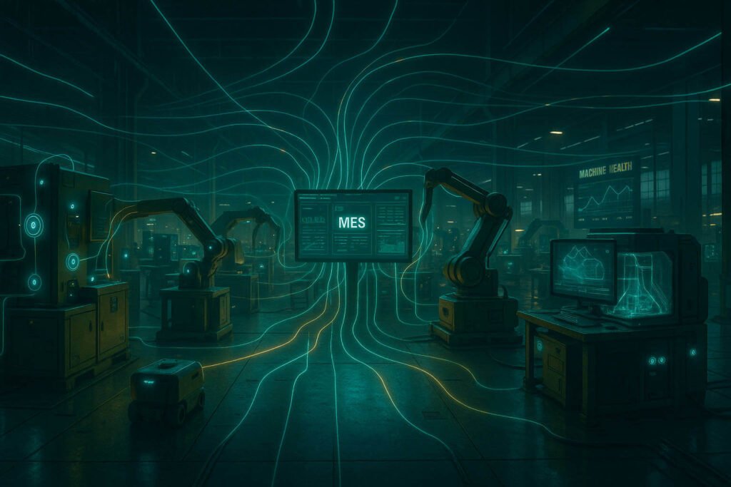 Chão de fábrica futurista com sensores IoT, robôs e dados conectados, representando o sistema nervoso da Indústria 4.0.