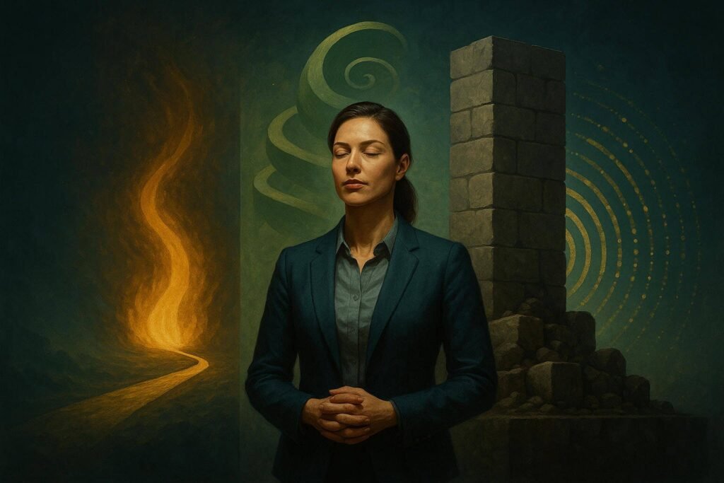 Líder confiante com representações visuais dos 4 pilares do talento: Drive, Aprendizagem, Resiliência e Efeito Multiplicador.