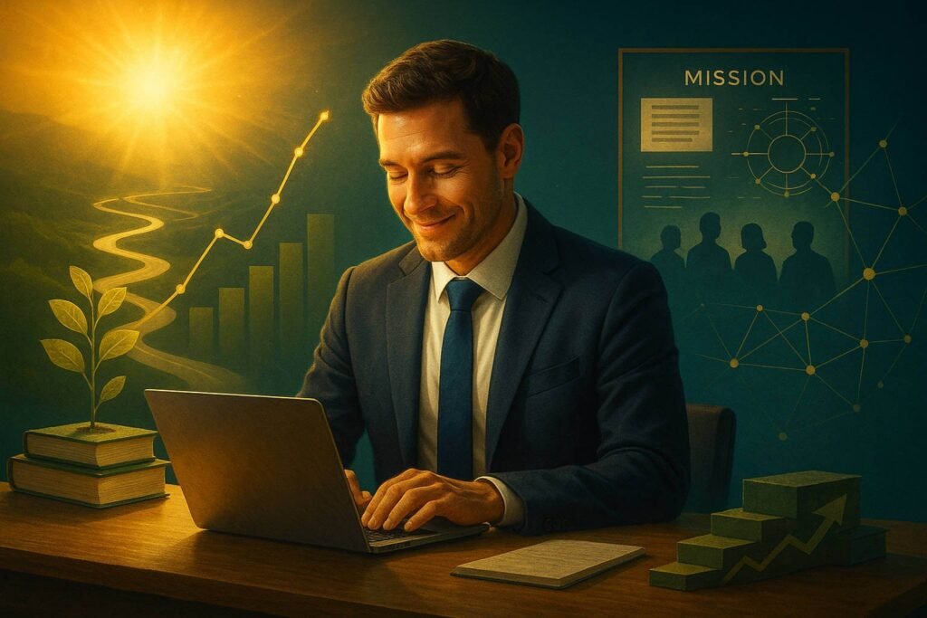 Composição conceitual de um profissional energizado, cercado por símbolos de Autonomia, Maestria e Propósito.