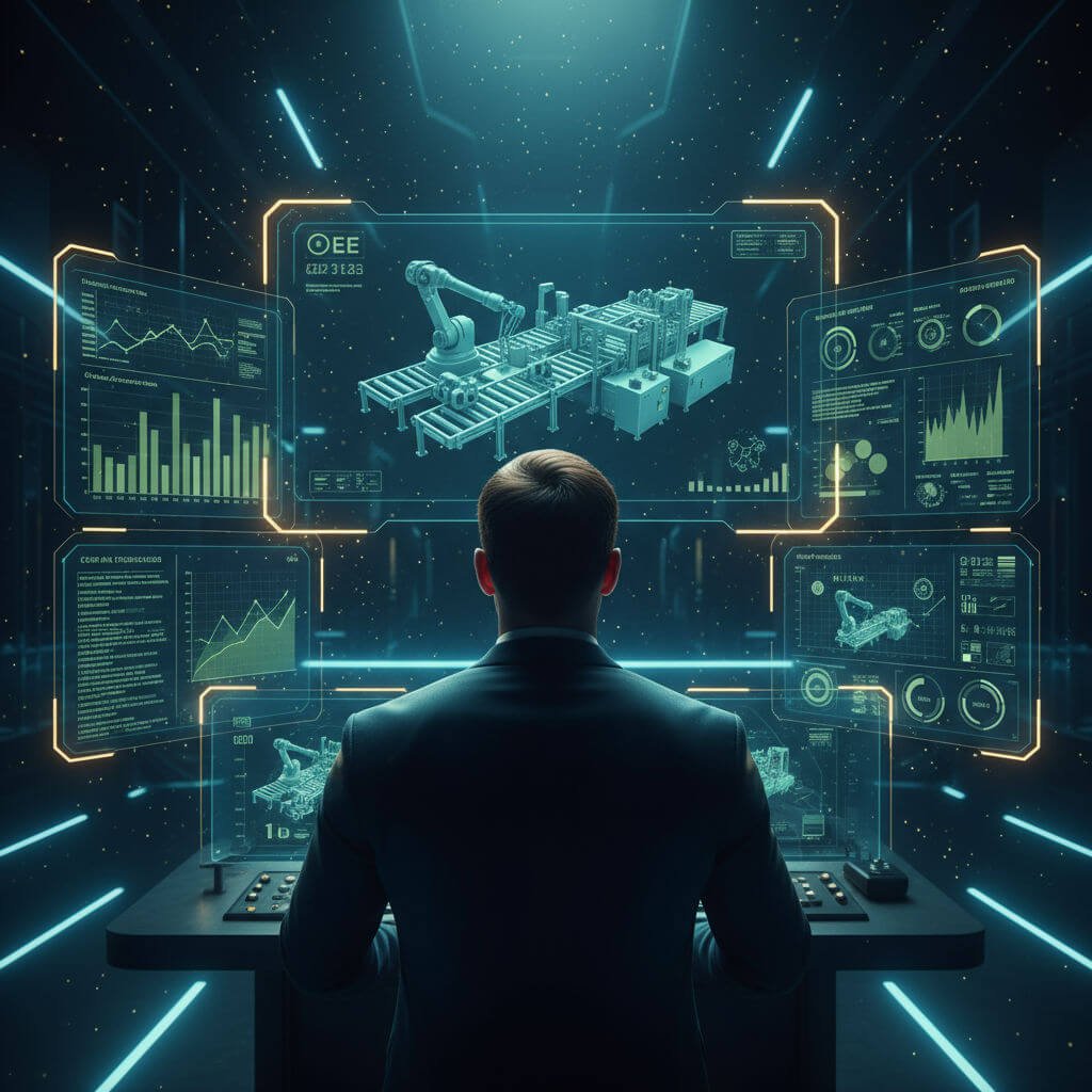 Engenheiro analisa uma interface holográfica futurista com um gêmeo digital de uma linha de produção em uma sala de controle.