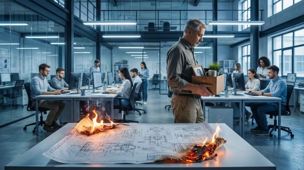 Imagem simbólica do custo do etarismo: um profissional sênior demitido se afasta enquanto seu projeto queima, representando a perda de conhecimento e experiência para a empresa.