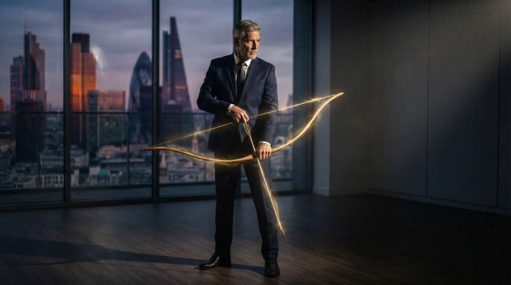 Executivo sênior, representando o profissional 50+, segura um arco dourado em uma sala de reunião, simbolizando o poder da experiência contra o etarismo.