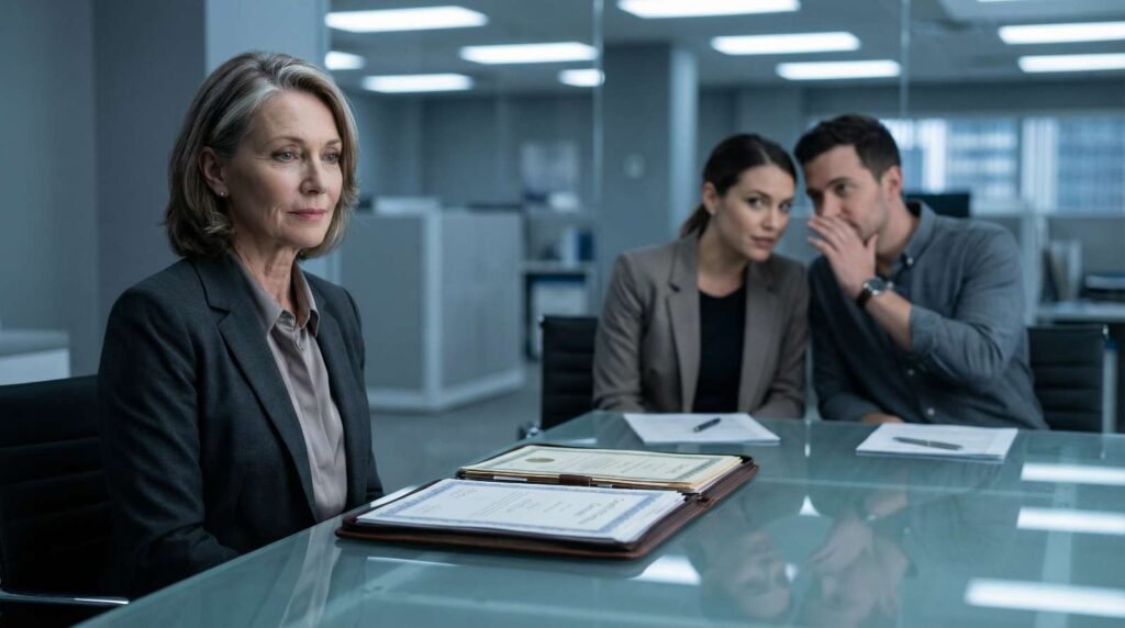 Profissional sênior em entrevista de emprego enfrenta o etarismo, enquanto recrutadores jovens cochicham, ilustrando o preconceito de idade no mercado de trabalho.